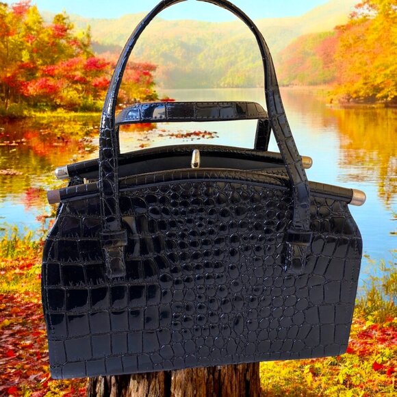 Granada USA Vintage 50's Black Patent Leather Handbag CROC PRINT *flaw - Picture 7 of 15
